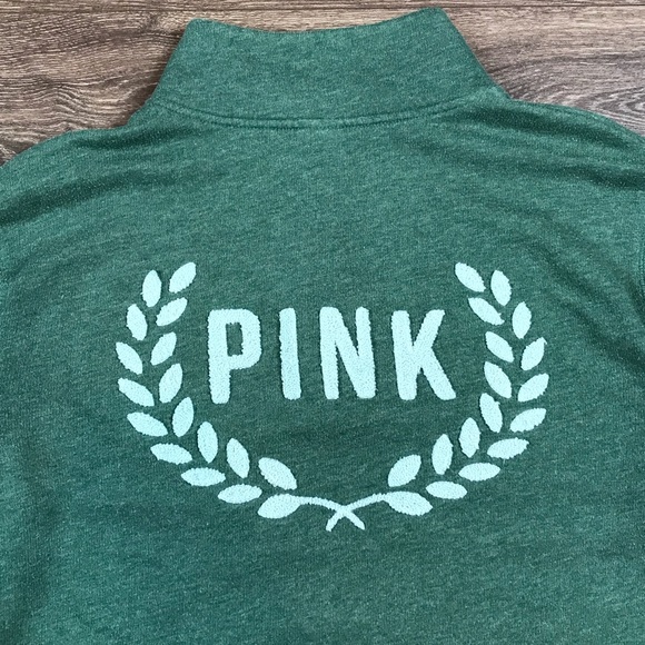 PINK Victoria’s Secret Women’s 1/4 Zip Green Mock Neck PINK Carpet Logo Sweater - Picture 2 of 8